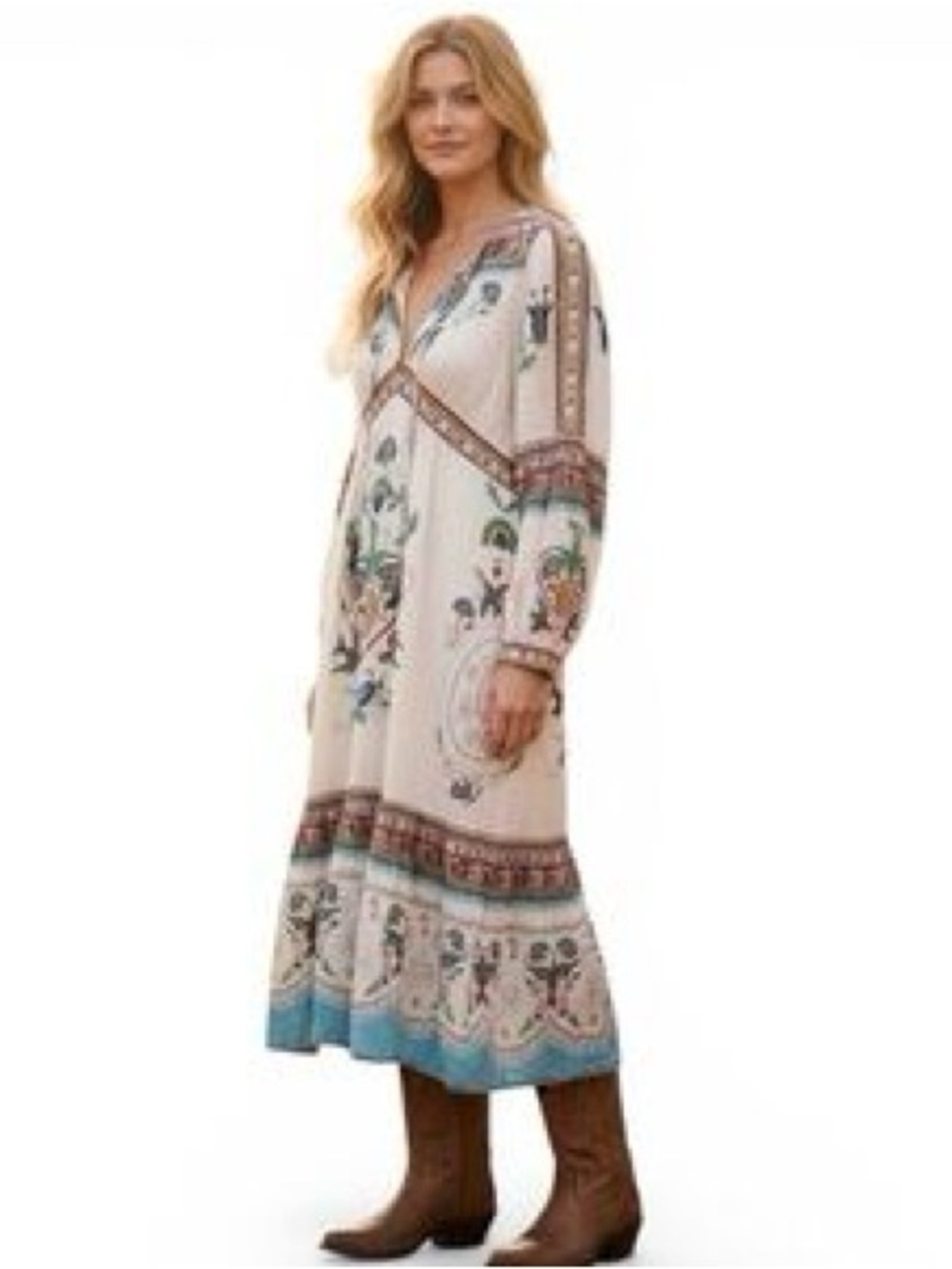 Farm Rio Boho Floral Embroidered Maxi Dress in Ivory and Teal - Picture 11 of 12